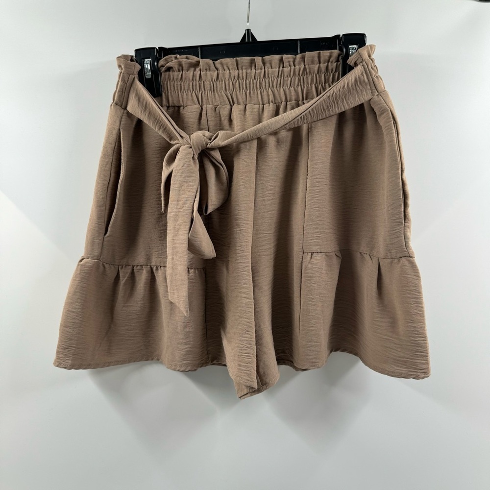 Your Style Tan/Beige Flowy Shorts – Size Large, Stretch Waist & Front Tie